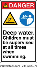 ANSI Z535 Safety Sign Marking Label Two Symbol Pictogram Standards Danger Deep water Children must be supervised at all times when swimming with text portrait white.eps
