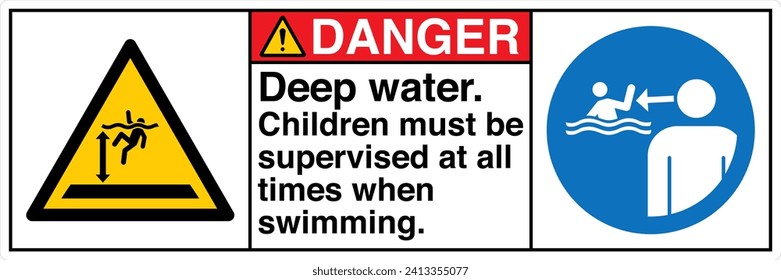 ANSI Z535 Safety Sign Marking Label Two Symbol Pictogram Standards Danger Deep water Children must be supervised at all times when swimming with text landscape white 02.