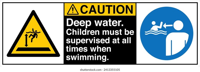 ANSI Z535 Safety Sign Marking Label Two Symbol Pictogram Standards Caution Deep water Children must be supervised at all times when swimming with text landscape black 02.