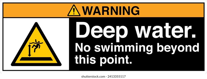 ANSI Z535 Safety Sign Marking Label Symbol Pictogram Standards Warning Deep Water No Swimming Beyond This Point with text landscape Black 03.