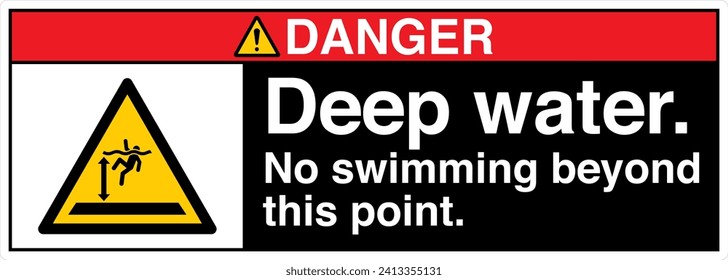 ANSI Z535 Safety Sign Marking Label Symbol Pictogram Standards Danger Deep Water No Swimming Beyond This Point with text landscape Black 03.