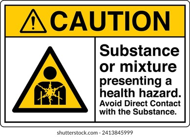 ANSI Z535 Safety Sign Marking Label Symbol Pictogram Standards Caution Substance or mixture presenting a health hazard avoid direct contact with the substance with text landscape white.