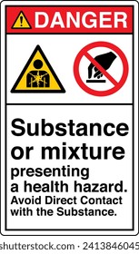 ANSI Z535 Safety Sign Marking Label Two Symbol Pictogram Standards Danger Substance or mixture presenting a health hazard avoid direct contact with the substance with text portrait white.