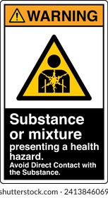 ANSI Z535 Safety Sign Marking Label Symbol Pictogram Standards Warning Substance or mixture presenting a health hazard avoid direct contact with the substance with text portrait black.