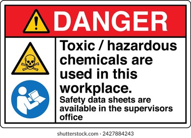 ANSI Z535 Safety Sign Marking Label Two Symbol Pictogram Standards Danger Toxic hazardous chemicals are used in this workplace with text landscape white.