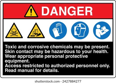 ANSI Z535 Sicherheitszeichen Markierung Etikett Fünf Symbol Piktogramm Standards Gefahr TOXISCHE CHEMIKALIEN können vorhanden sein Hautkontakt kann gesundheitsgefährdend sein mit Textlandschaft schwarz.
