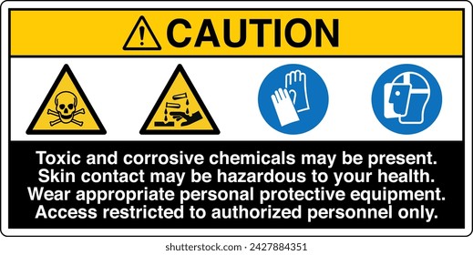 ANSI Z535 Safety Sign Marking Label Four Symbol Pictogram Standards Caution TOXIC CHEMICALS may be present skin contact may be hazardous to your health with text landscape black.