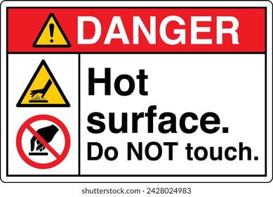 ANSI Z535 Safety Sign Marking Label Two Symbol Pictogram Standards Danger Hot Surface Do Not Touch with text landscape white 02.