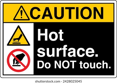 ANSI Z535 Safety Sign Marking Label Two Symbol Pictogram Standards Caution Hot Surface Do Not Touch with text landscape black 02