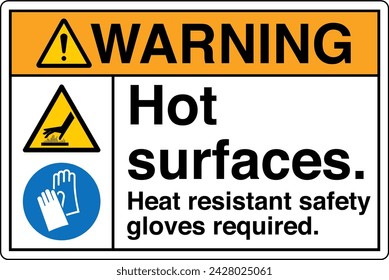 ANSI Z535 Safety Sign Marking Label Two Symbol Pictogram Standards Warning Hot surfaces Heat resistant safety gloves required with text landscape white 02