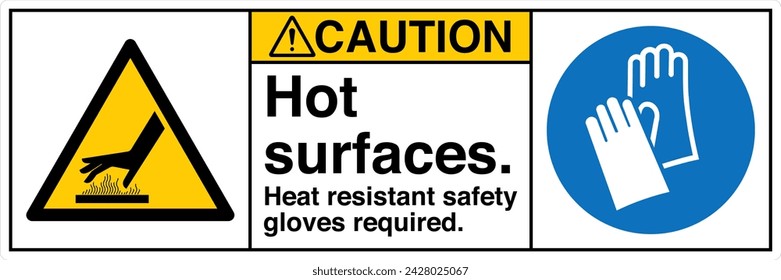 ANSI Z535 Safety Sign Marking Label Two Symbol Pictogram Standards Caution Hot surfaces Heat resistant safety gloves required with text landscape white