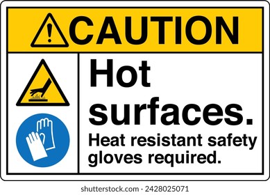 ANSI Z535 Safety Sign Marking Label Two Symbol Pictogram Standards Caution Hot surfaces Heat resistant safety gloves required with text landscape white 02