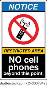 ANSI Z535 Safety Sign Marking Label Symbol Pictogram Standards Restricted Area No Cell phones beyond this point with text portrait black