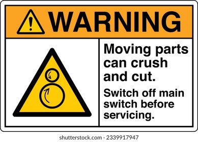 ANSI Z535 Warning Hazard Signs - Counter rotating Rollers - Moving Parts Can Crush And Cut Switch Off Main Switch Before Servicing - Landscape White.