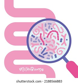 Anstarct human intestine and magnifier. Gut microbiome concept. SIBO, leaky gut syndrome and candida growth. Vector flat illustration isolated on white background.