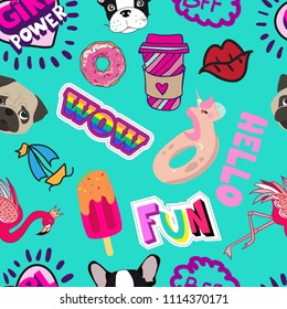 Anstract seamless pattern with sketch dog, flamingo, fun, ice cream, bff, ship, unicorn, lips, donut, wow, pug, hello, cup. Background for textile, fabric, wrapping paper, web, clothes, wallpaper.