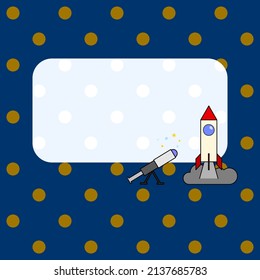 Answer box of astronomy template, telescope with stars and rocket launch with copy space isolated on golden dots blue background, vector illustration education.