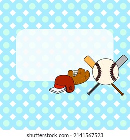 Antwortkasten mit Baseballsportvorlage, Baseballausrüstung und Ball auf Eisen- und Holzbaseballschläger mit Kopienraum einzeln auf violettem Muster, Vektorgrafik-Sport.