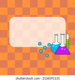Answer box of chemistry template, test tubes and elemental structure with copy space isolated on orange checkerboard background, vector illustration education.