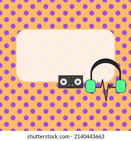 Answer box of DJ template, headphone with music wave and DJ controller board with copy space isolated on purple dots orange background, vector illustration education.