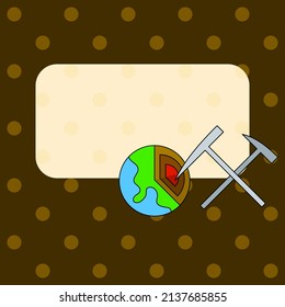 Answer box of geology template, hammer pickaxe icon and inside earth with copy space isolated on brown dots background, vector illustration education.