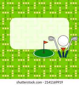 Answer box of golf sports template, golf ball on stand with golf club sign and the putting green with copy space isolated on green and orange square green background, vector illustration sport.