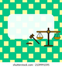 Antwortkasten der Justizvorlage, Richter Hammer und Hofskala mit Kopienraum einzeln auf gelbem Quadrat auf grünem Hintergrund, Vektorgrafik-Besetzung.