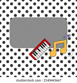 Answer box of music template, music note with microphone and electric keyboard with copy space isolated on black dots white background, vector illustration education.