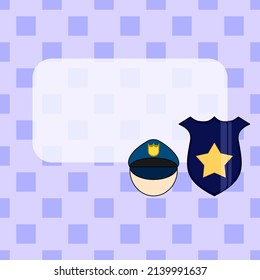 Answer box of police template, police cap and police badge with copy space isolated on purple square on purple background, vector illustration occupation.