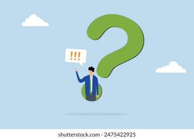 Answer business question, determination businessman comes out of  question mark to answer question.