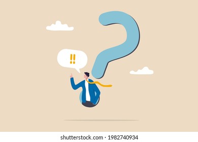 Answer business question, determination or sill and decision to solve problem, FAQ frequently asked questions concept, determination businessman comes out from question mark sign to answer question.