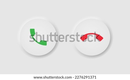 Answer and decline icons in neumorphism style. Icons for business, white UI, UX. Call symbol. Green call out, red hang up buttons, hang phone. Neumorphic style. 