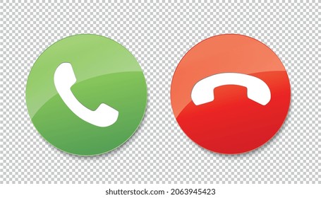 Answer and decline phone call buttons in glossy design on checked transparent background. Phone call Telephone sign icons. Accept call and decline phone icons. Vector illustration. Eps 10 vector file.