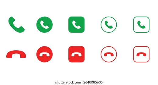 answer decline phone call icon set flat line outline green red vector