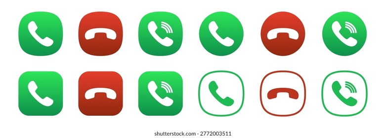 Answer and decline phone call icon set with incoming and outgoing call symbols in green and red buttons for mobile app interface and telecommunication