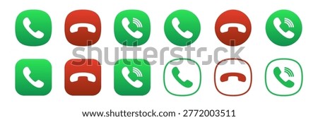 Answer and decline phone call icon set with incoming and outgoing call symbols in green and red buttons for mobile app interface and telecommunication