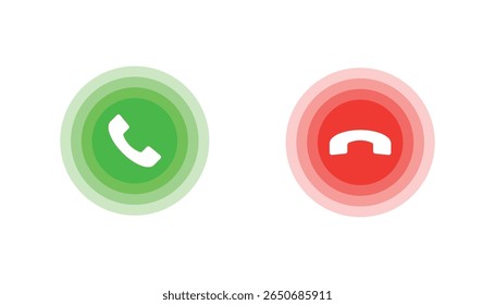 Responder y rechazar los signos de llamada telefónica. aceptar y rechazar los íconos de llamada móvil. Botones de ui de colores verde y rojo. Ilustración vectorial