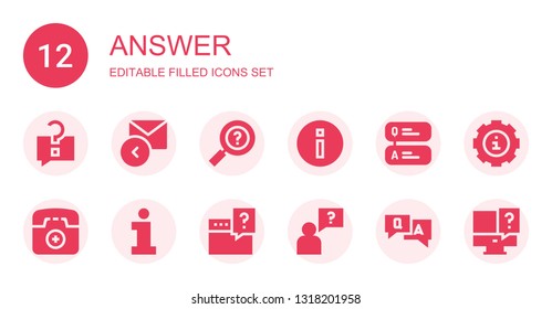 answer icon set. Collection of 12 filled answer icons included Question, Reply, Information, Emergency phone, Info