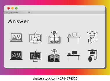 conjunto de iconos de respuesta. incluyeron química, profesor, escritorio, libro, e-learning, íconos de libro sobre fondo blanco. estilos lineales y llenos.