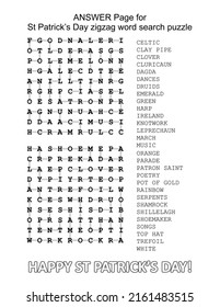 Answer page for St Patrick's Day illustrated zigzag word search puzzle
