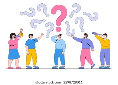 Answer to question concept with people around frequently question marks. Outline design style minimal vector illustration for landing page, web banner, infographics, hero images.