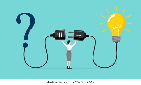 answer and solution, solving problems or solutions in business, businesswoman connect plug with light bulb idea to question mark symbol concept vector illustration with flat style design