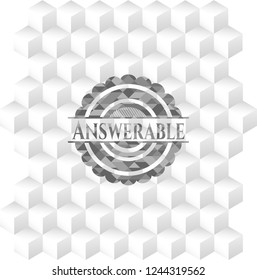 Answerable retro style grey emblem with geometric cube white background
