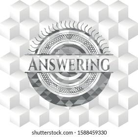 Answering grey emblem. Vintage with geometric cube white background