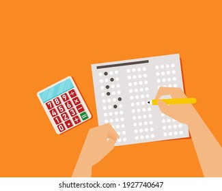 Answers sheet with yellow sharp pencil in hand and calculator. Top view of them. Take the exam timely concept.