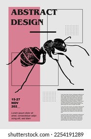 Ant, ammet, pismire. Vector poster with insects. Engraving illustrations and typography. Background images for cover, banner