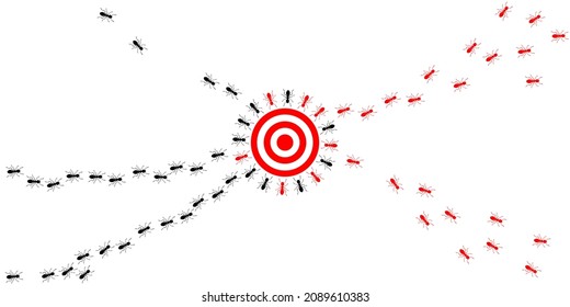 Ant bait. Ant trail. Trap. A line of marching ants with infected insects. Insecticide. Vector illustration on white background 
