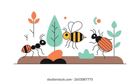 Uma Formiga, Uma Abelha E Uma Joaninha Exploram O Jardim Juntas Em Um Encontro Amigável Entre As Plantas