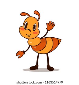 An ant or a beetle smiles and waves. Cute character. Vector illustration