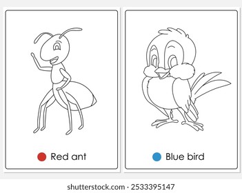 Hormiga y pájaro para colorear hoja de actividad Ilustración vectorial